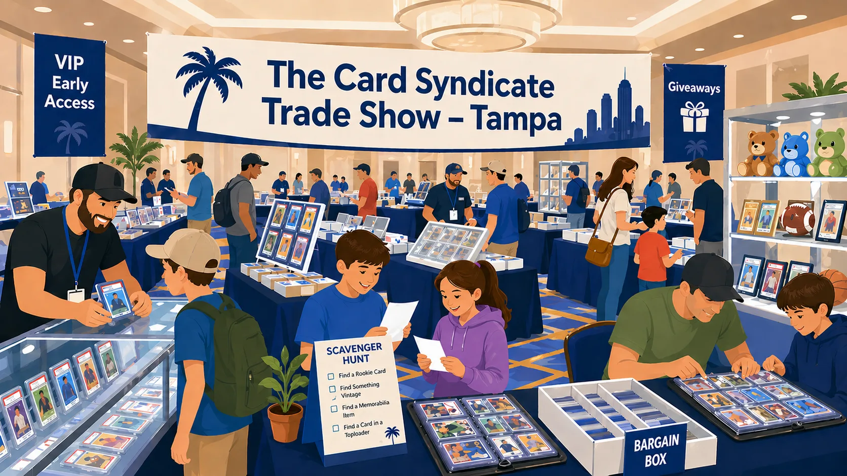 Modern vector illustration of The Card Syndicate Trade Show – Tampa inside a hotel ballroom with vendor tables, card slabs, binders, collectibles, families, and collectors trading.