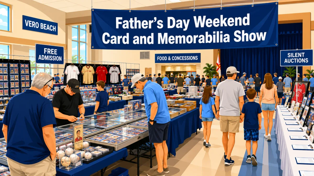 Father's Day Weekend Card and Memorabilia Show in Vero Beach, attendees browsing glass display cases of graded cards, autographed baseballs, and hung jerseys