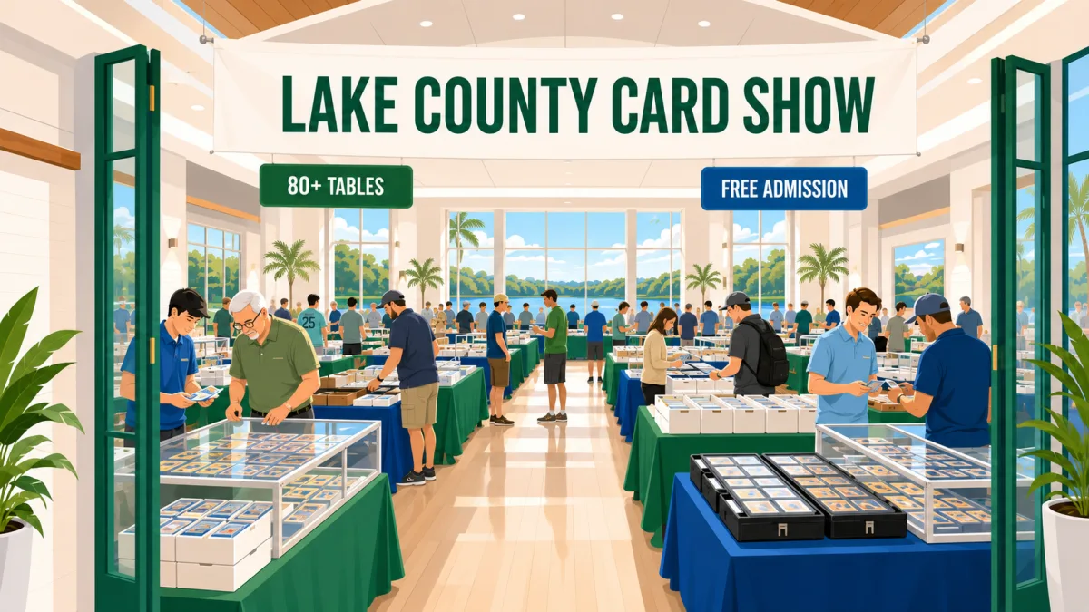 Illustrated interior of the Lake County Card Show with collectors browsing card tables beneath 80+ tables and free admission signs.