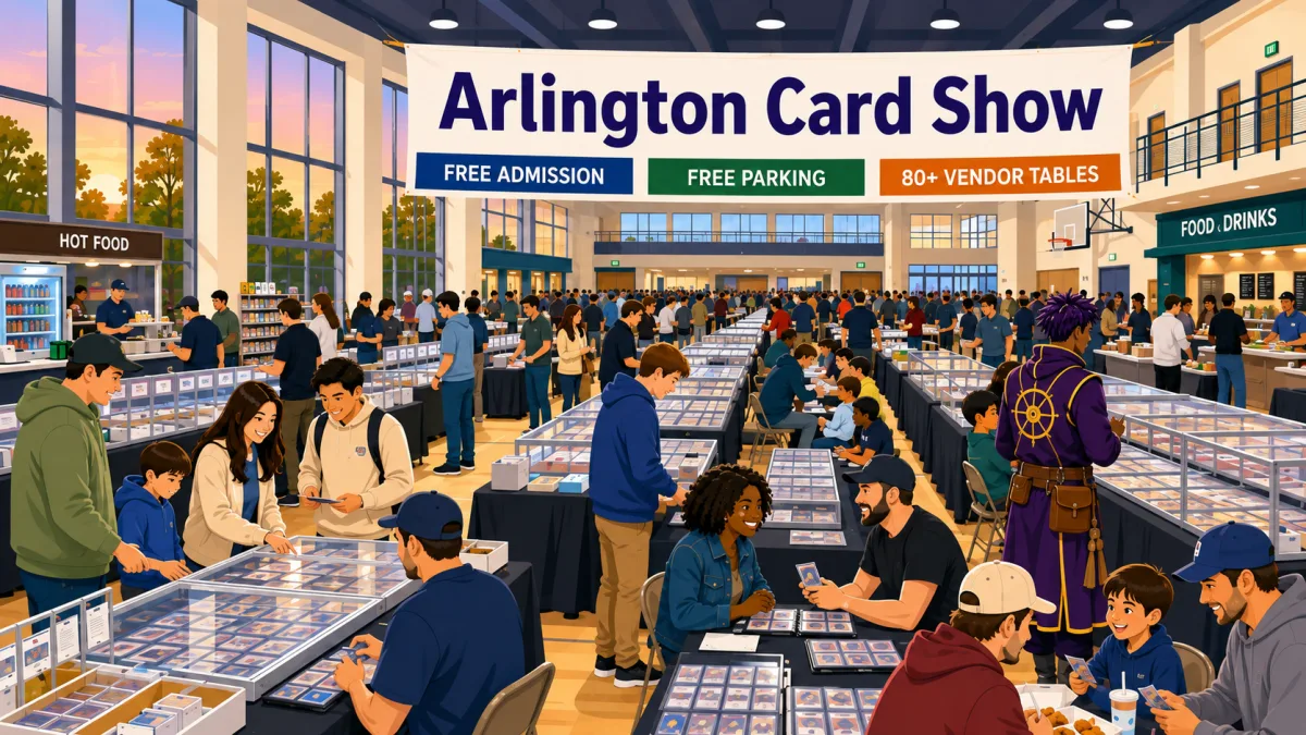 Illustration of families and collectors browsing and trading at vendor tables inside an Arlington recreation center beneath an Arlington Card Show banner.
