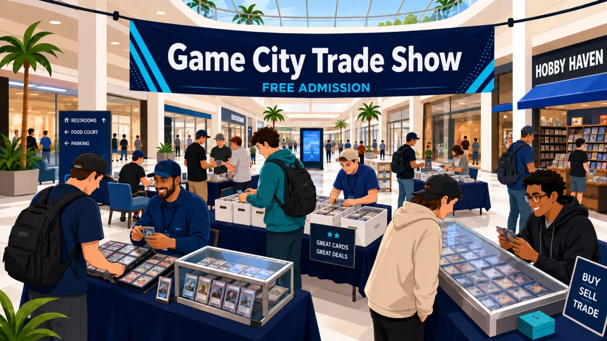 Illustration of collectors browsing a compact mall card show beneath a Game City Trade Show banner near a hobby store.