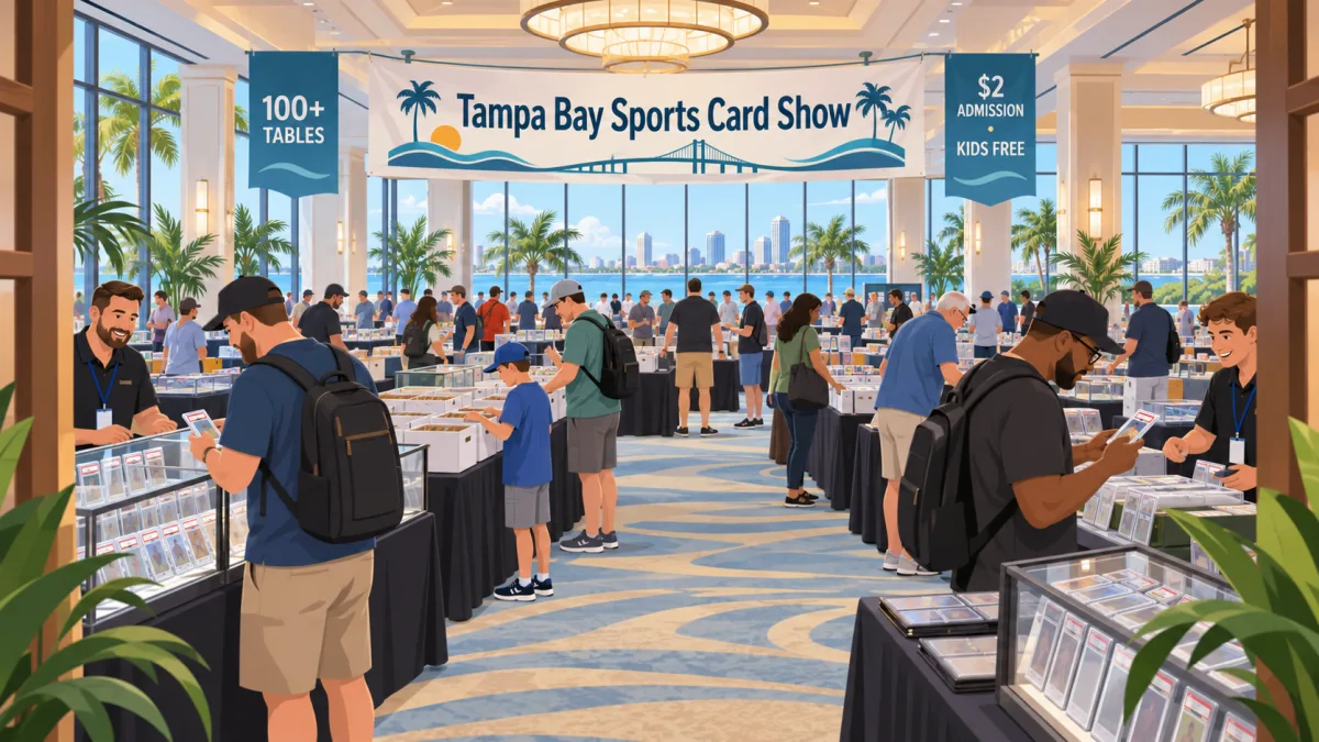 Illustration of collectors browsing card tables and display cases inside a bright St. Petersburg hotel ballroom beneath a Tampa Bay Sports Card Show banner.