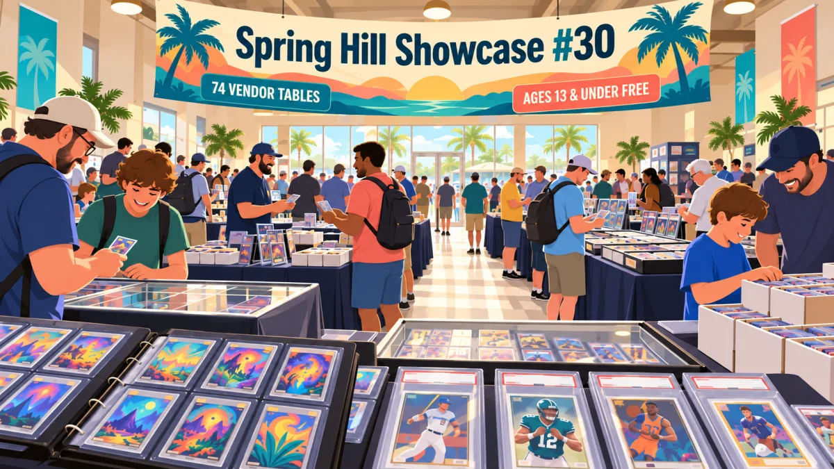 Illustration of collectors browsing card and memorabilia tables inside a bright parish hall beneath a Spring Hill Showcase #30 banner.