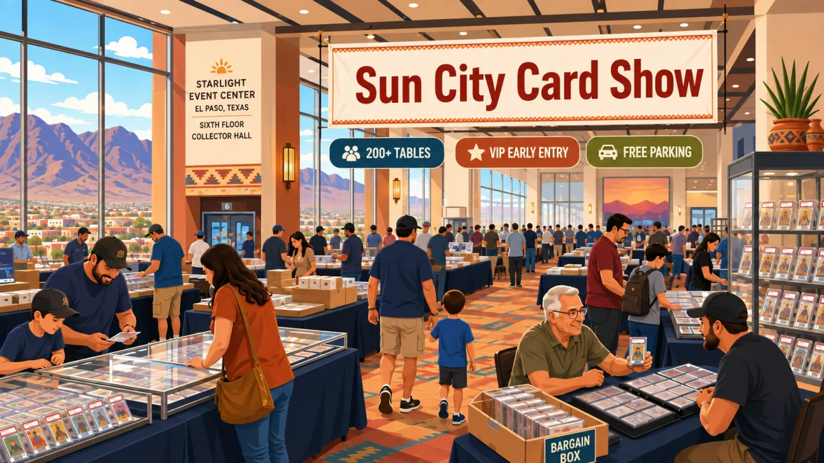 Illustration of collectors browsing card tables beneath a Sun City Card Show banner inside Starlight Event Center, with El Paso mountain views in the background.