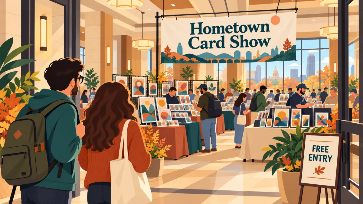 Collectors browse card displays and talk with vendors inside a hotel meeting hall beneath a Hometown Card Show banner. Two friends enter beside a free entry sign.