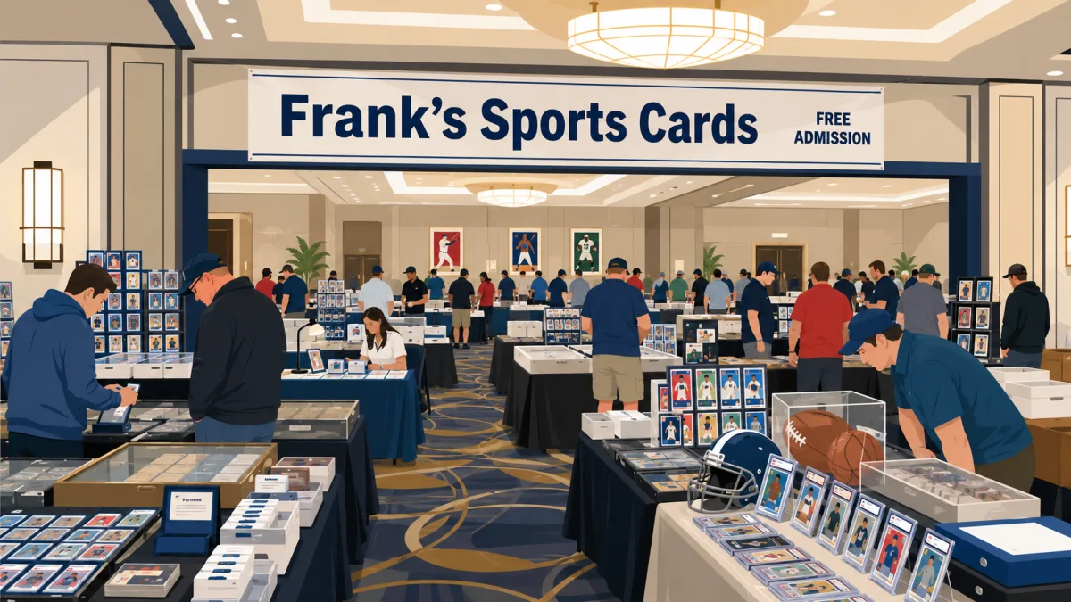 Frank's Sports Cards show with free admission, vendor tables of graded cards, displayed footballs and helmets, and collectors browsing a hotel ballroom.