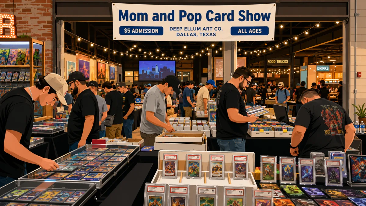 Mom and Pop Card Show at Deep Ellum Art Co., Dallas — collectors browse graded slabs and card bins at vendor tables under warehouse string lights.