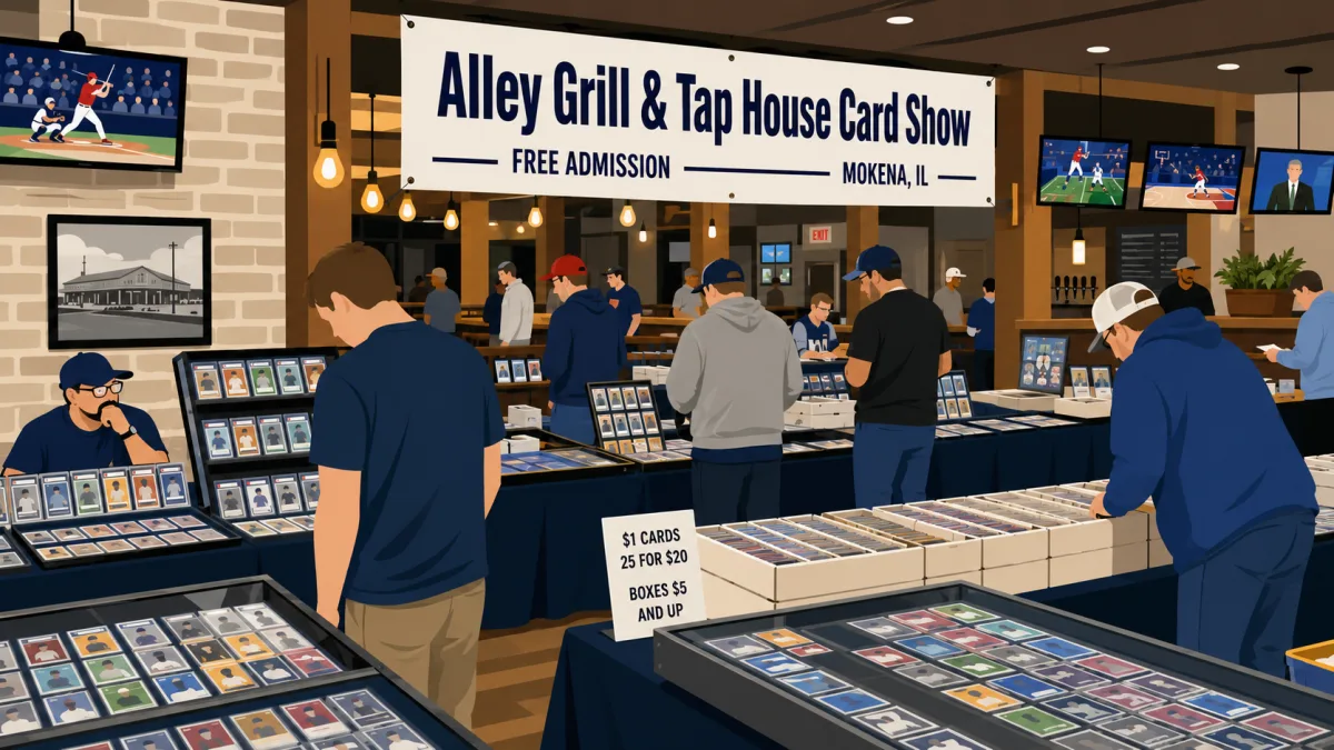 Alley Grill & Tap House Card Show in Mokena, IL with collectors browsing graded slab displays, $1 card boxes, and baseball games on overhead TVs.