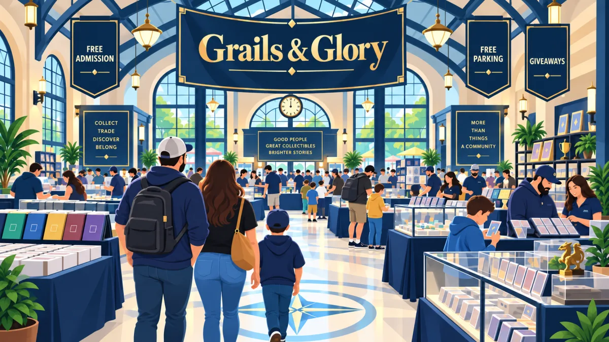 Illustrated Grails & Glory show floor at Grand Station, with families and collectors browsing card tables beneath free-admission, free-parking, and giveaway signs.