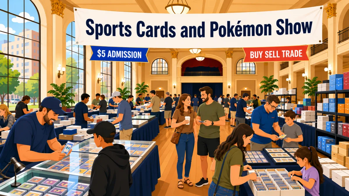 Illustration of the Sports Cards and Pokémon Show inside a historic San Antonio ballroom, with collectors browsing card displays, binders, and vendor tables.