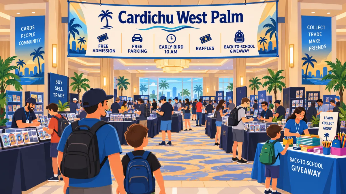 Illustration of collectors and families browsing card tables inside a hotel ballroom beneath a Cardichu West Palm event banner.