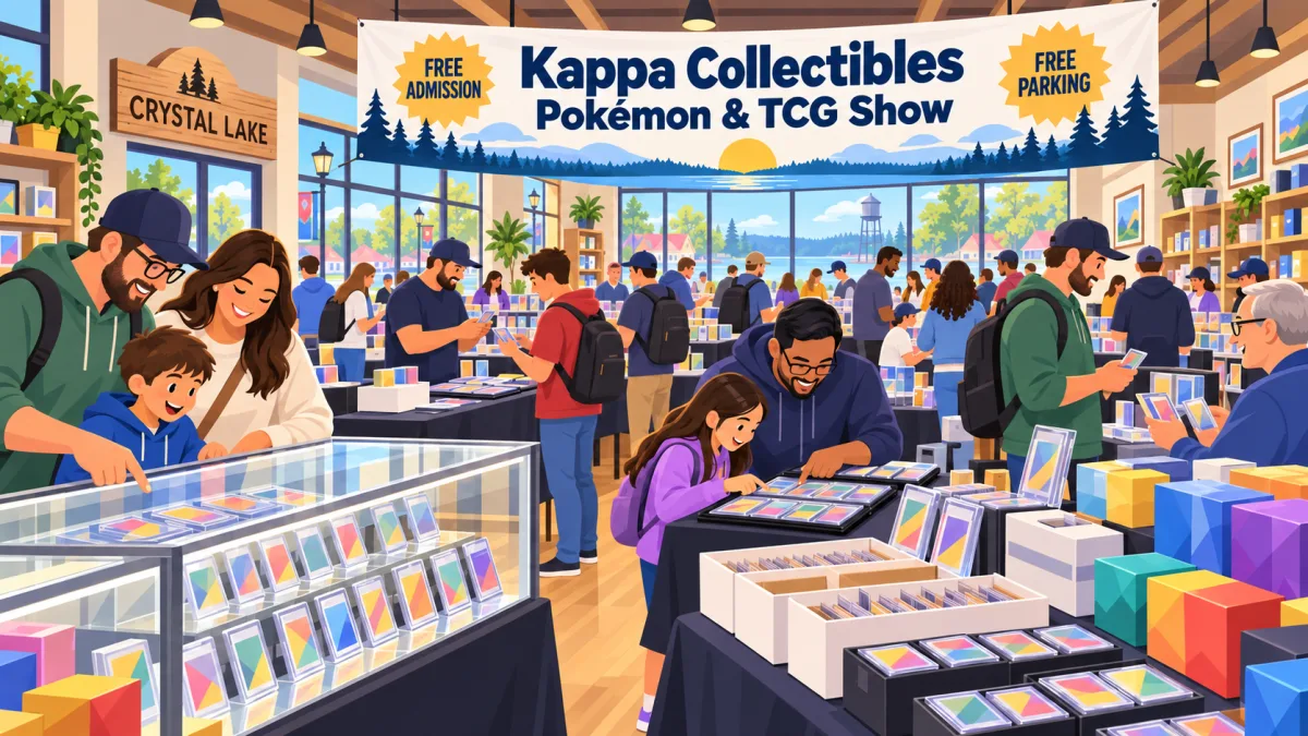 Illustration of collectors browsing card tables and display cases inside Kappa Collectibles beneath a Kappa Collectibles Pokémon & TCG Show banner with free admission and free parking callouts.