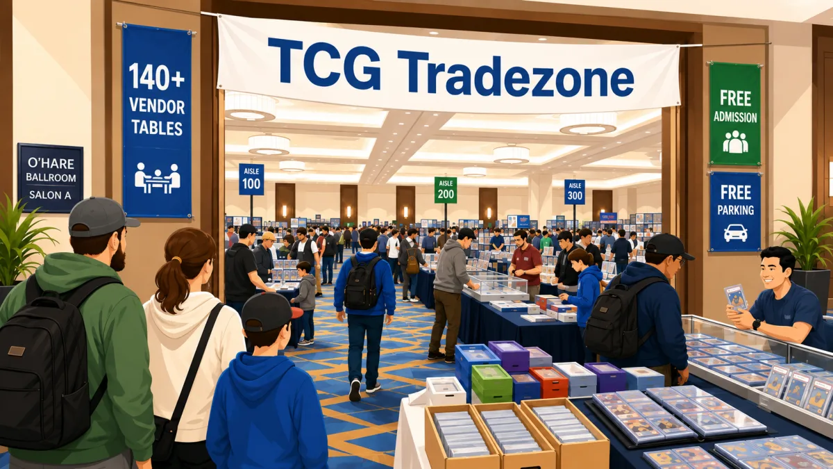 Collectors browse vendor tables and card displays beneath a TCG Tradezone banner inside a bright Chicago hotel ballroom.