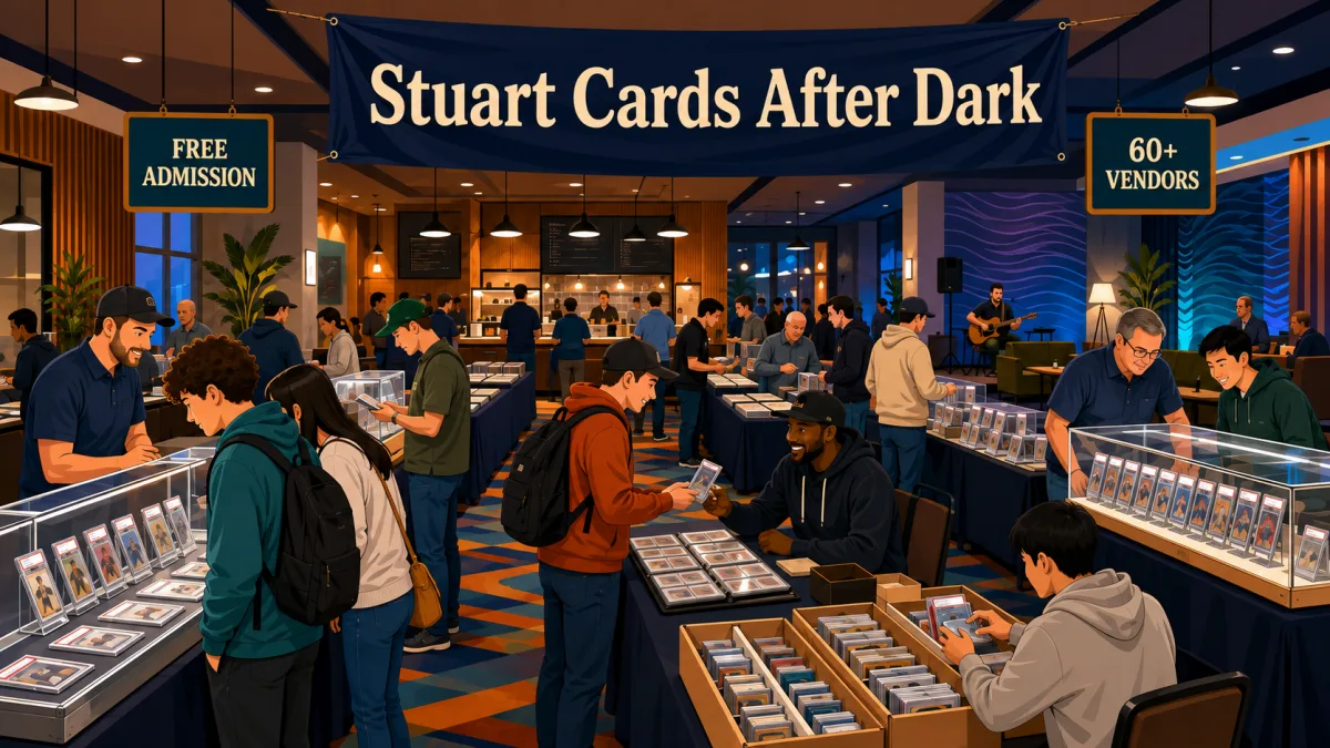 Collectors browse card displays and trade at vendor tables beneath a Stuart Cards After Dark banner inside a warmly lit lounge.