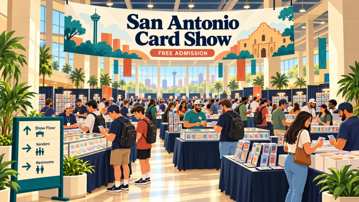 Collectors browse card displays and vendor tables inside a bright convention hall beneath a San Antonio Card Show banner and a free admission sign.
