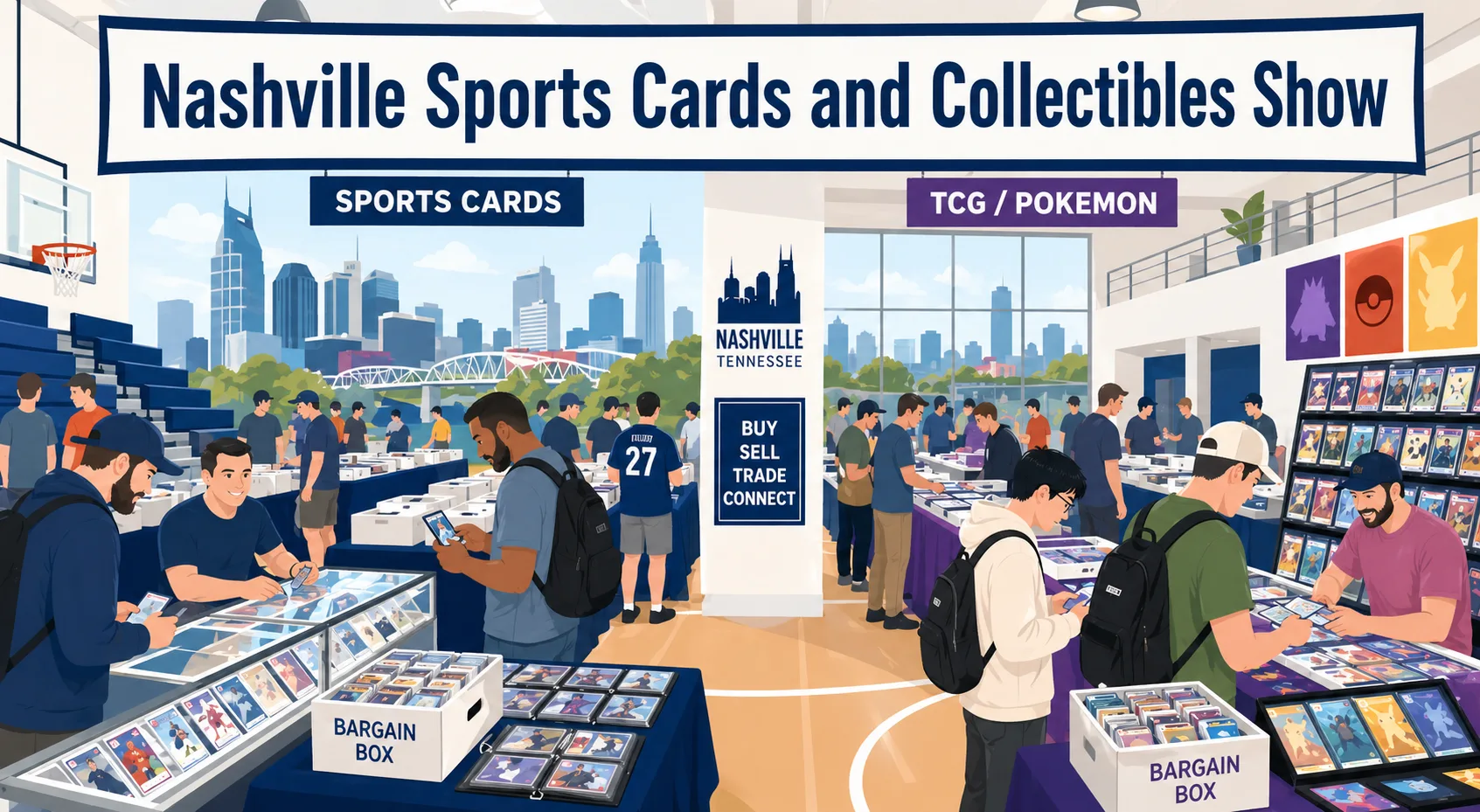 Nashville Sports Cards and Collectibles Show inside a gymnasium venue, with sports card tables, Pokémon/TCG displays, graded card cases, and bargain boxes.
