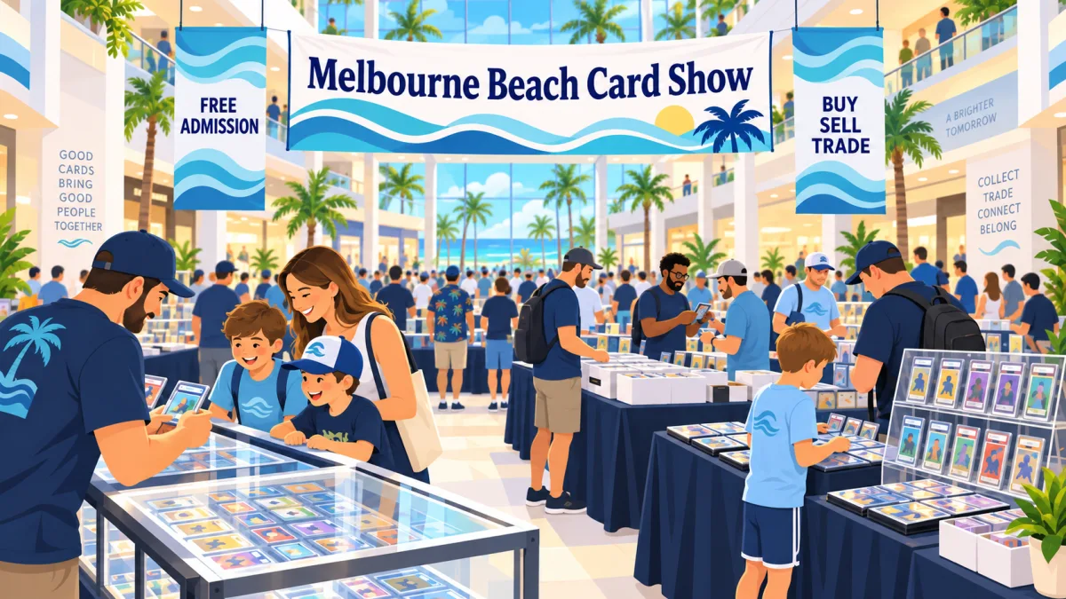An illustrated Florida mall card show with collectors browsing tables, cases, binders, and graded cards beneath a Melbourne Beach Card Show banner.