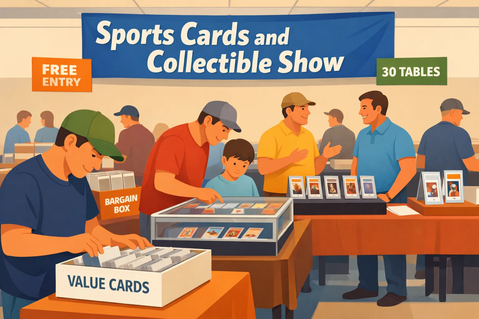 Sports Cards and Collectible Show in Buffalo Grove, Illinois, inside a community arts center with vendor tables, glass cases, sports card slabs, singles boxes, and collectors browsing in a relaxed local setting.