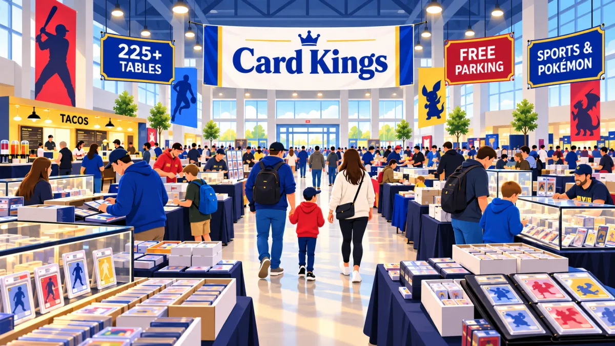 Illustrated Card Kings show floor at Lakehurst Center with collectors browsing card tables beneath 225+ Tables, Free Parking, and Sports & Pokémon signs.
