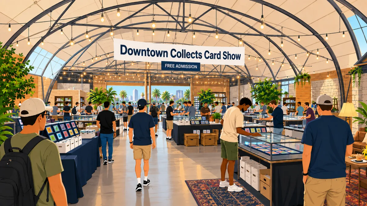 Illustration of collectors browsing card tables inside the converted-hangar venue at 1010 West beneath a Downtown Collects Card Show banner with a free-admission callout.