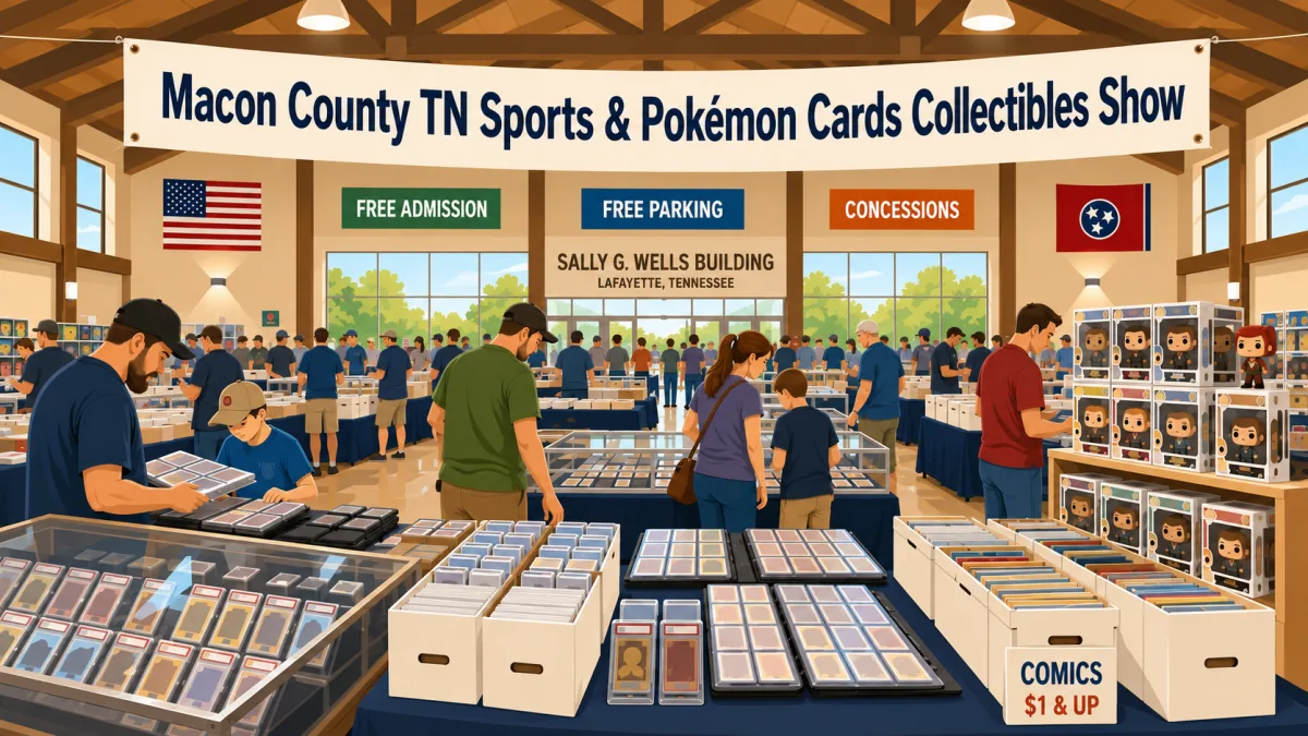 Illustration of collectors browsing cards, comics, and boxed figures beneath the Macon County TN Sports & Pokémon Cards Collectibles Show banner inside the Sally G. Wells Building.