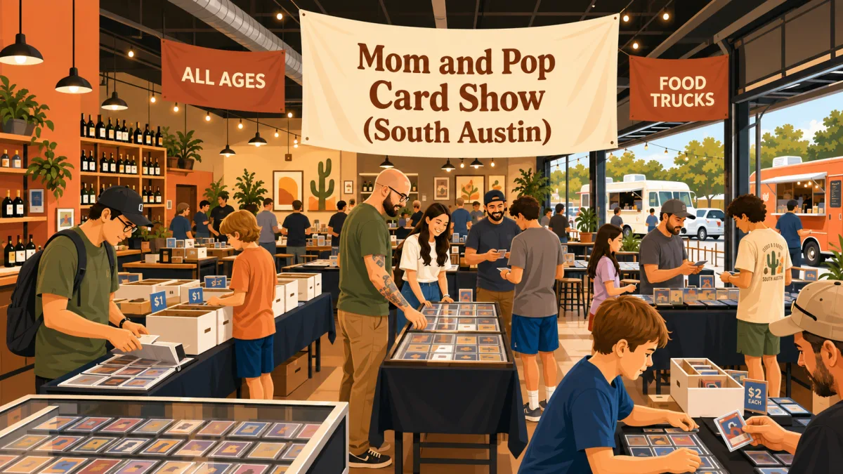 Illustrated all-ages Mom and Pop Card Show inside a South Austin event space, with collectors browsing card tables, binders, and display cases beneath event signage.