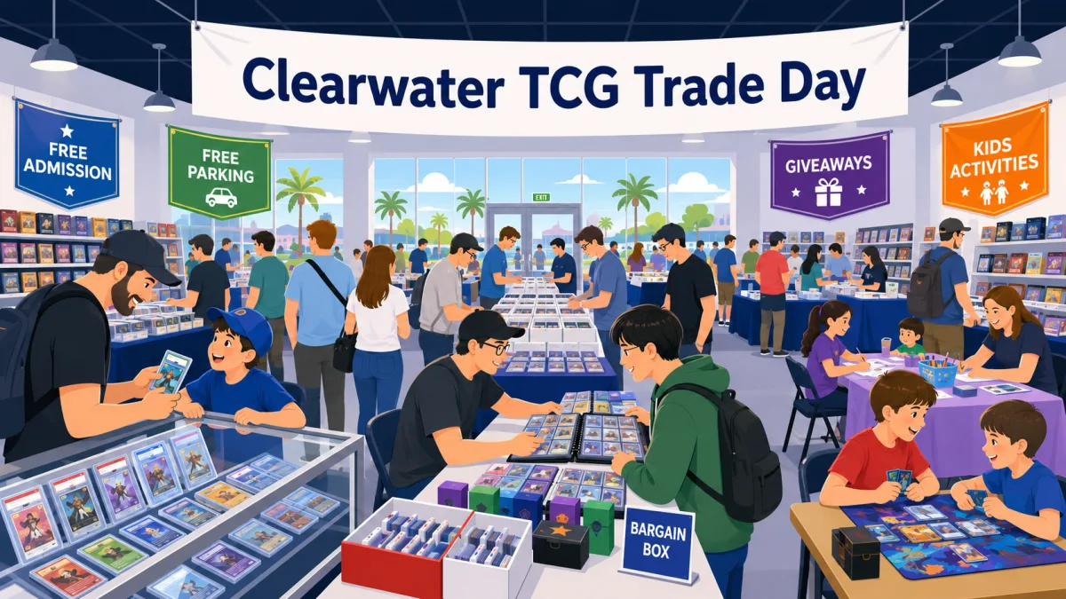 Clearwater TCG Trade Day in Florida, with collectors browsing binders, a glass case of graded slabs, a bargain box, and kids playing at a side table.