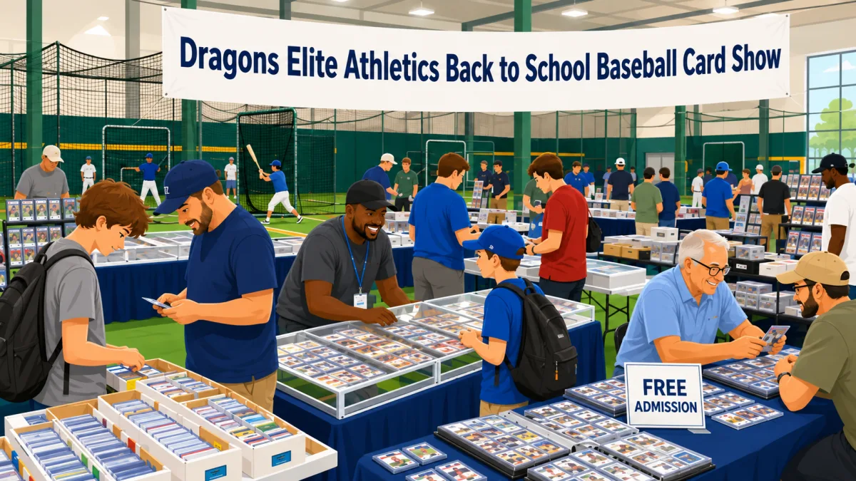 Illustration of collectors browsing card tables on the green turf inside an indoor baseball facility beneath a Dragons Elite Athletics Back to School Baseball Card Show banner.