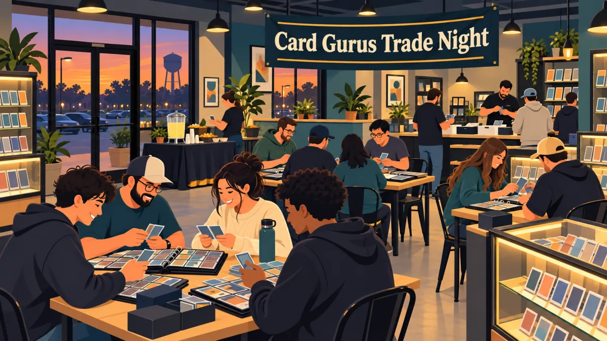 Collectors compare cards in open binders around tables inside a warmly lit shop beneath a Card Gurus Trade Night banner. Display cases and a refreshments table surround the evening gathering.