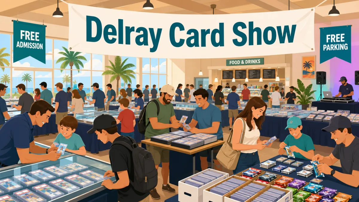 Illustration of the Delray Card Show inside a bright community lodge ballroom, with collectors browsing card tables beneath free-admission and free-parking signage.
