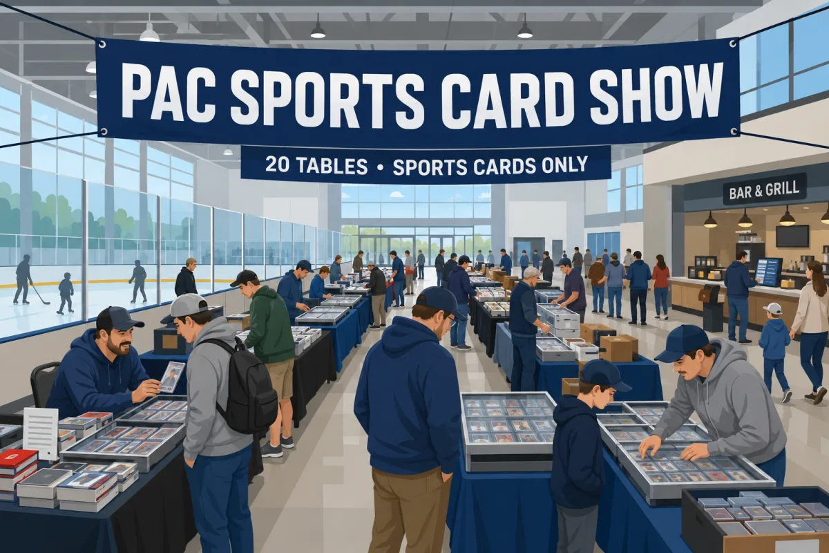 PAC Sports Card Show at an indoor ice rink venue, with collectors browsing glass display cases of graded sports cards beside an on-site bar and grill.