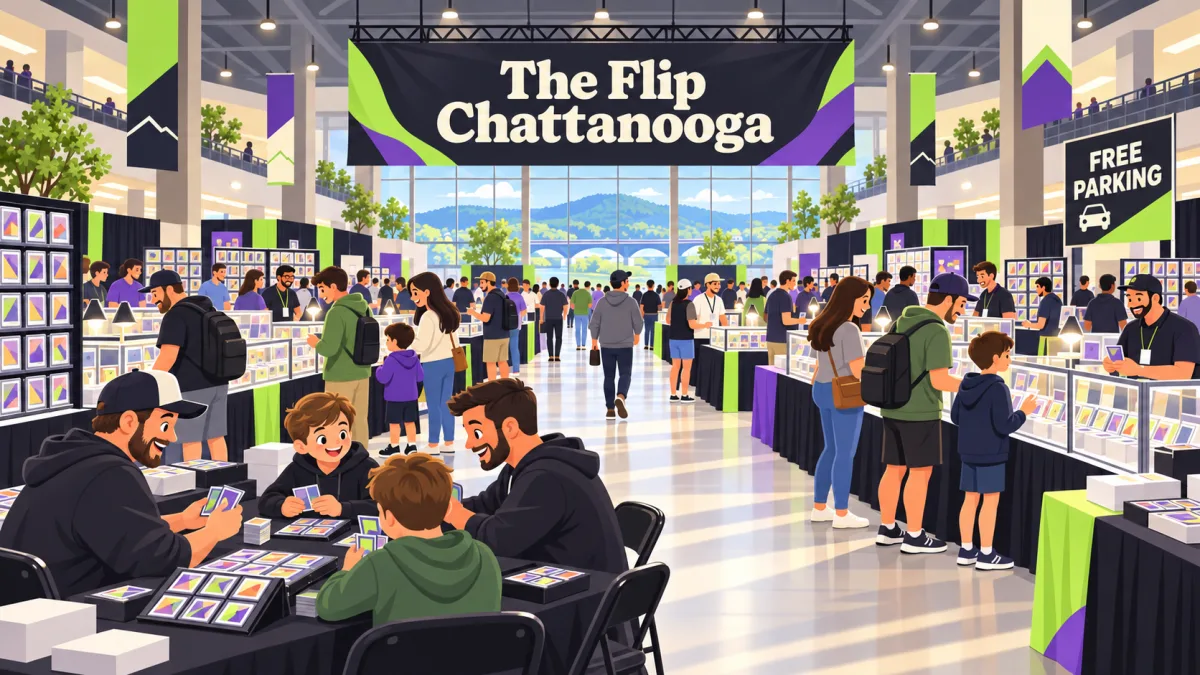 Families and collectors browse trading-card displays inside a spacious arena beneath a The Flip Chattanooga banner. A seated trading area sits beside the main aisle.