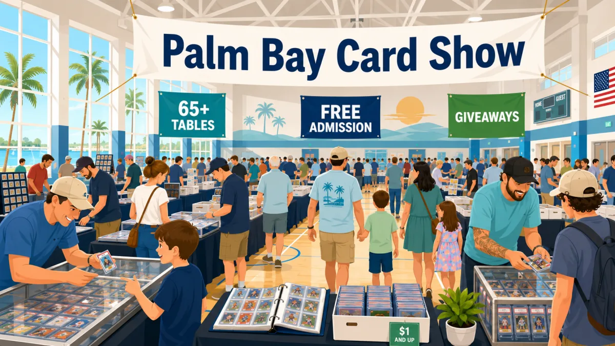 Palm Bay Card Show filling a Florida gymnasium with 65+ vendor tables, glass cases of graded cards, and families browsing dollar bargain boxes.