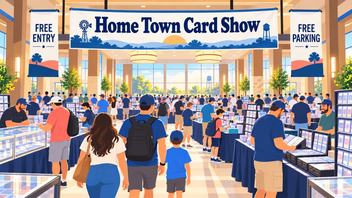 An illustrated hotel conference hall filled with collectors browsing card-show tables beneath a Home Town Card Show banner with free-entry and free-parking signs.