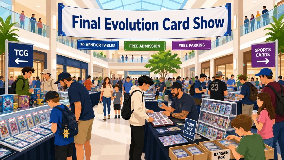 Final Evolution Card Show in a busy mall atrium, with vendor tables of graded cards in display cases, a signing table, and TCG and sports card sections.