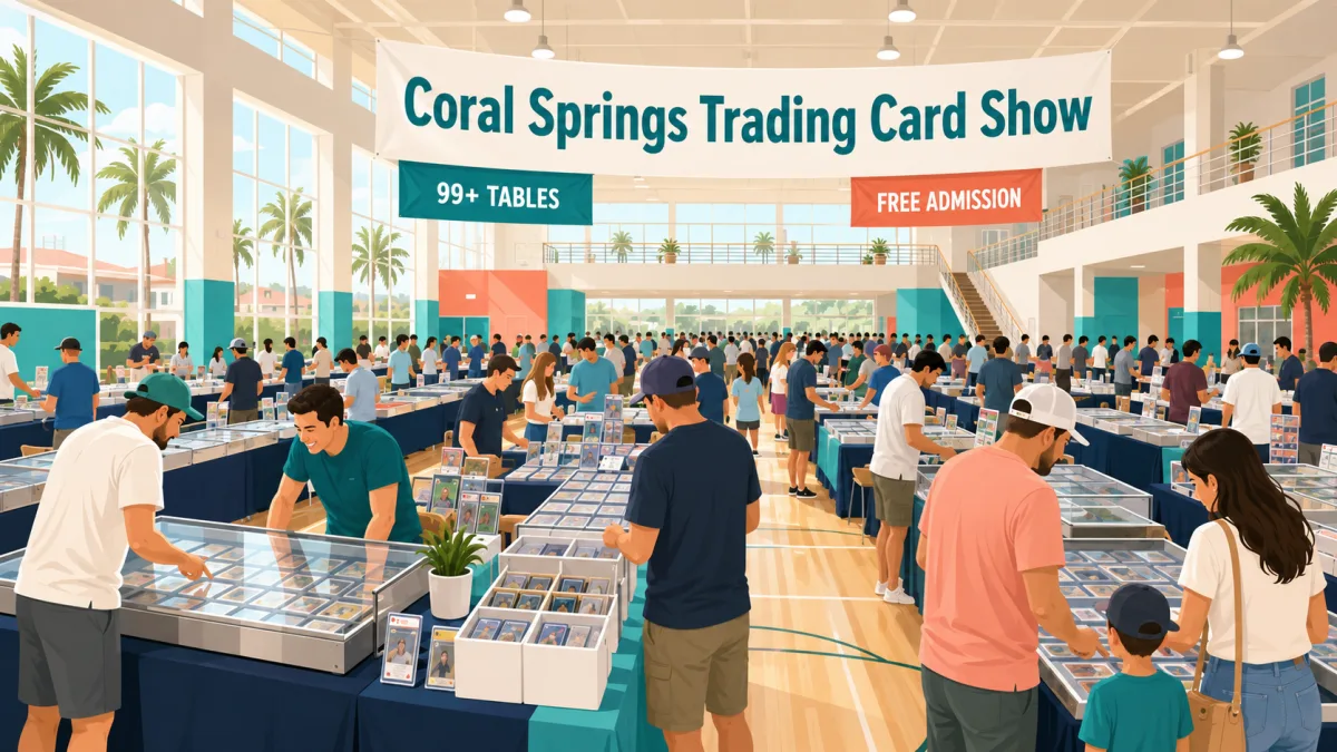 Illustration of collectors browsing card tables inside Reign Volleyball Club beneath a Coral Springs Trading Card Show banner.