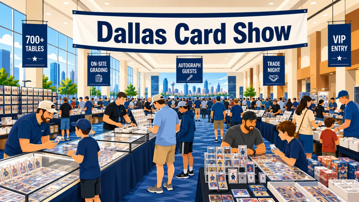 Dallas Card Show convention floor packed with 700+ vendor tables, glass cases of graded card slabs, and crowds browsing sports cards.