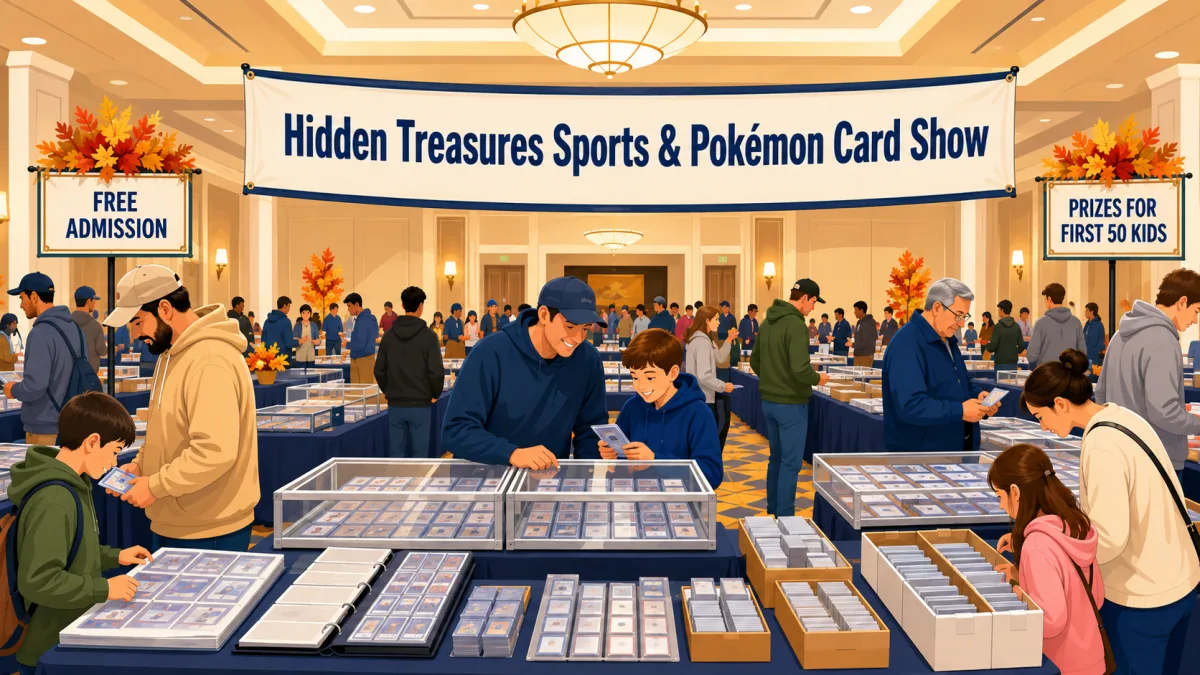 Illustration of families and collectors browsing card tables in a Carol Stream hotel ballroom beneath a Hidden Treasures Sports & Pokémon Card Show banner with free admission and kids prize callouts.