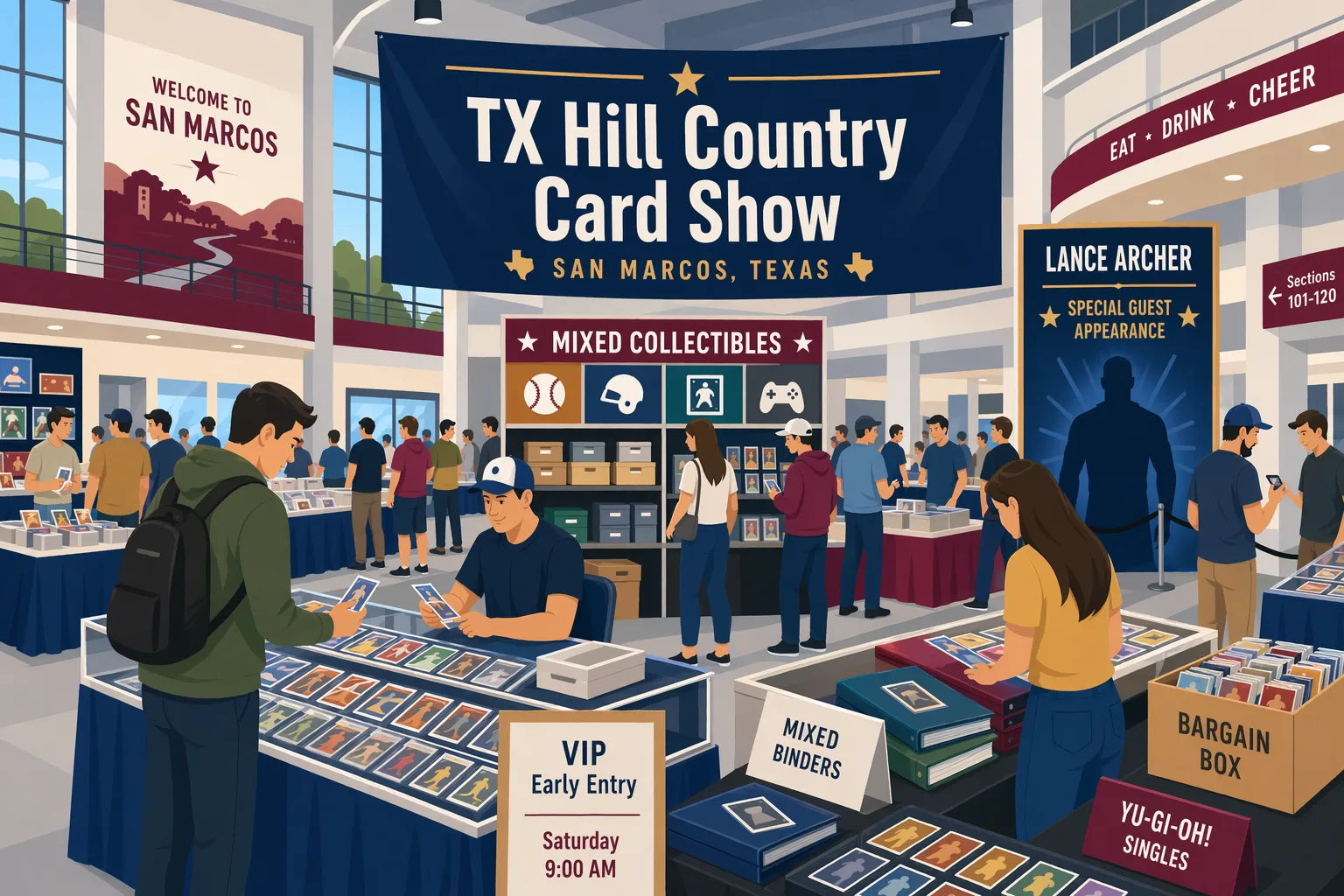 Illustrated show floor for the TX Hill Country Card Show in San Marcos, Texas, inside a large arena-style venue with vendor tables, sports cards, Pokémon binders, memorabilia, retro games, collectors browsing, and a special guest section for Lance Archer.