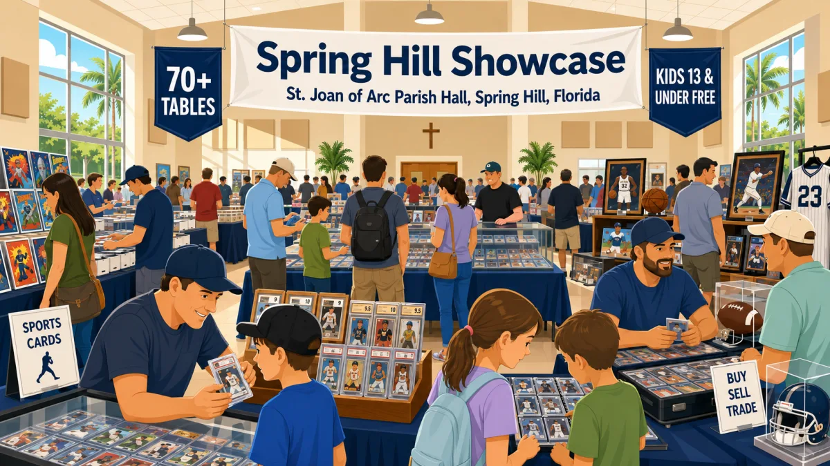 Spring Hill Showcase at St. Joan of Arc Parish Hall, Spring Hill, Florida, with families browsing graded sports cards in lit glass display cases.