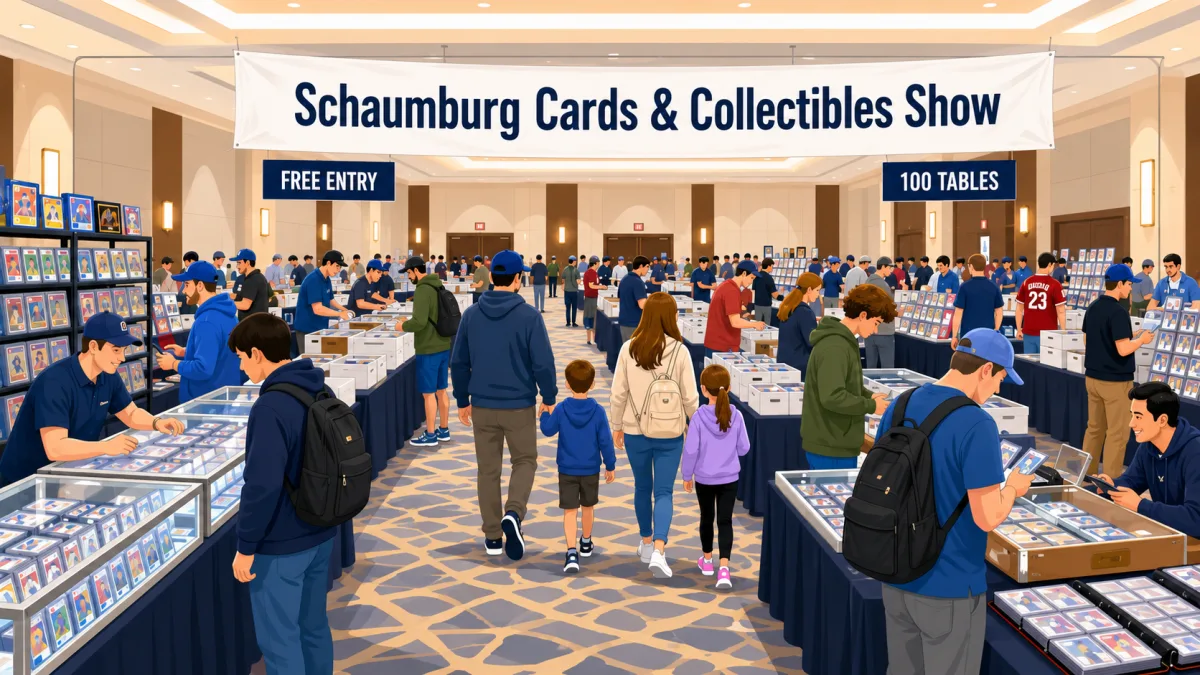 Schaumburg Cards and Collectibles Show with families browsing aisles of glass display cases, graded card slabs, and bargain boxes across 100 vendor tables