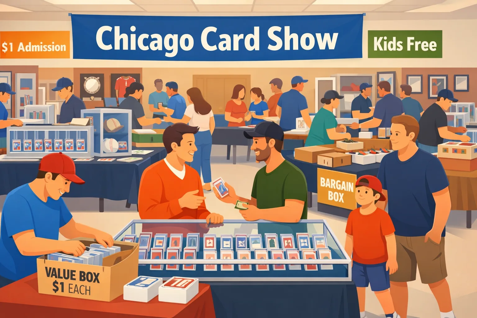 Hero illustration of the Chicago Card Show in Bridgeview, Illinois, inside a busy community center with vendor tables, display cases, sports card slabs, bargain boxes, autograph items, collectors browsing, and a man in the center buying a card with cash.