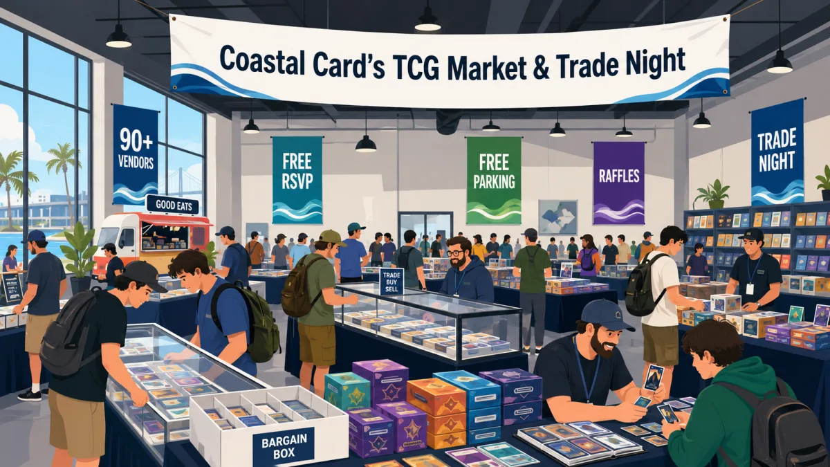 Coastal Card's TCG Market and Trade Night with 90+ vendors, glass display cases of trading cards, booster boxes, a bargain bin, and a food truck at a waterfront venue.