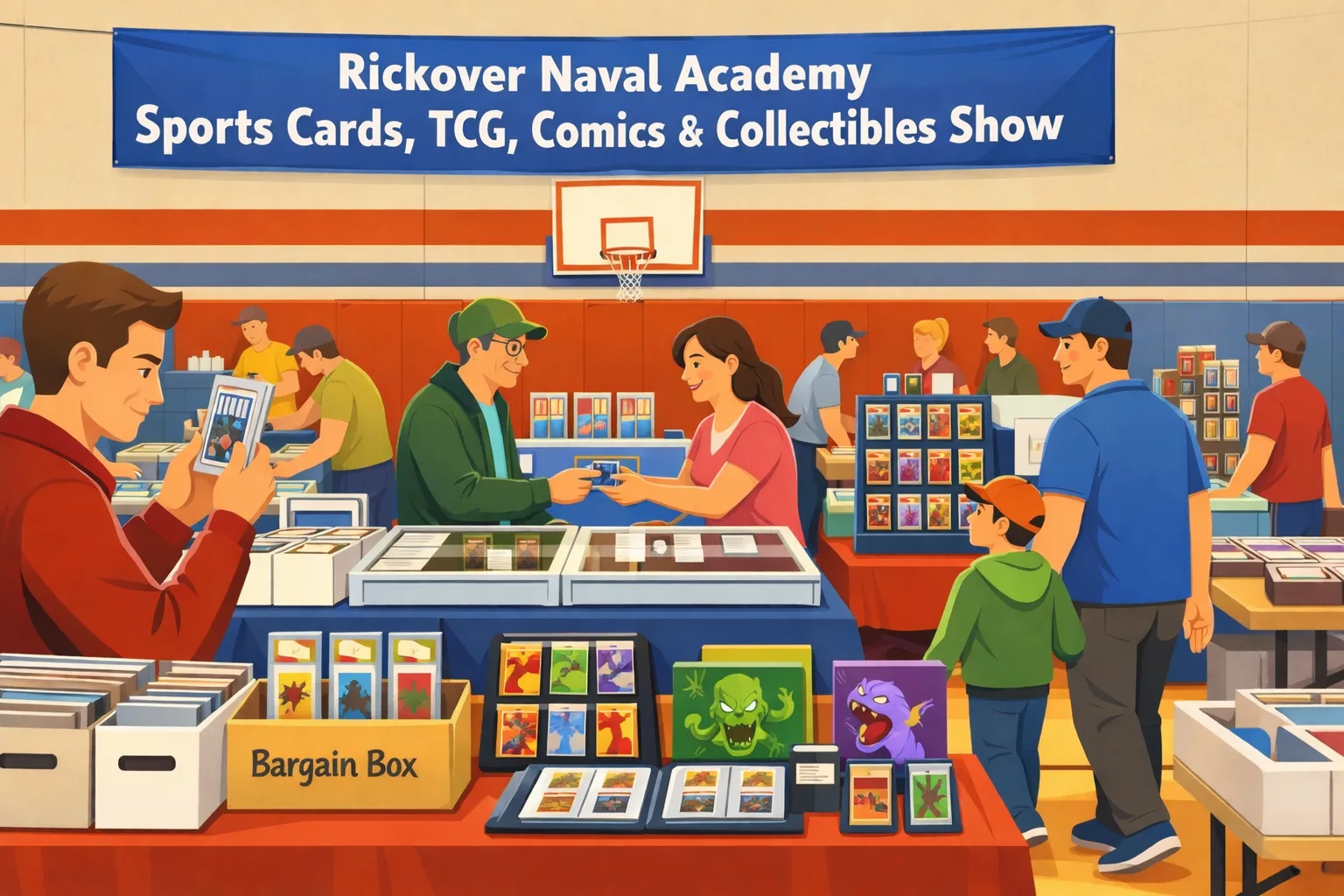 Rickover Naval Academy Sports Cards, TCG, Comics & Collectibles Show hero image featuring a busy Chicago school gym with vendor tables, sports cards, TCG displays, comics, display cases, and families browsing a student travel club fundraiser.