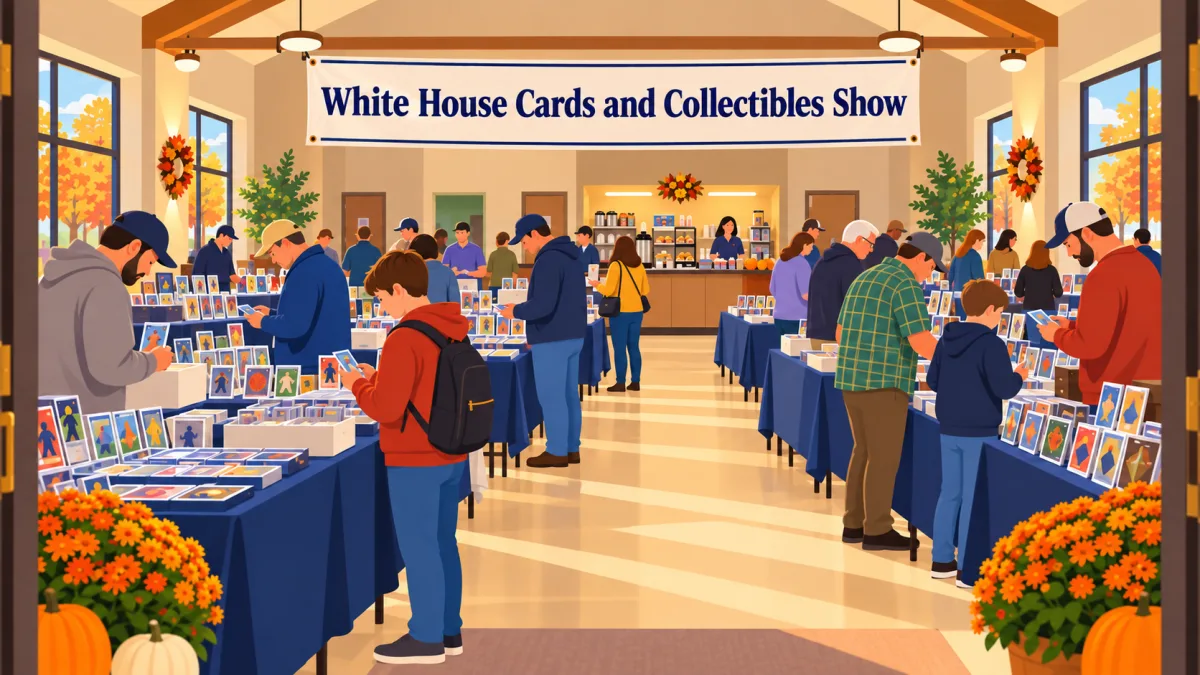 Collectors browse trading card tables in a warmly lit community room beneath a White House Cards and Collectibles Show banner. A small concessions counter sits in the background.