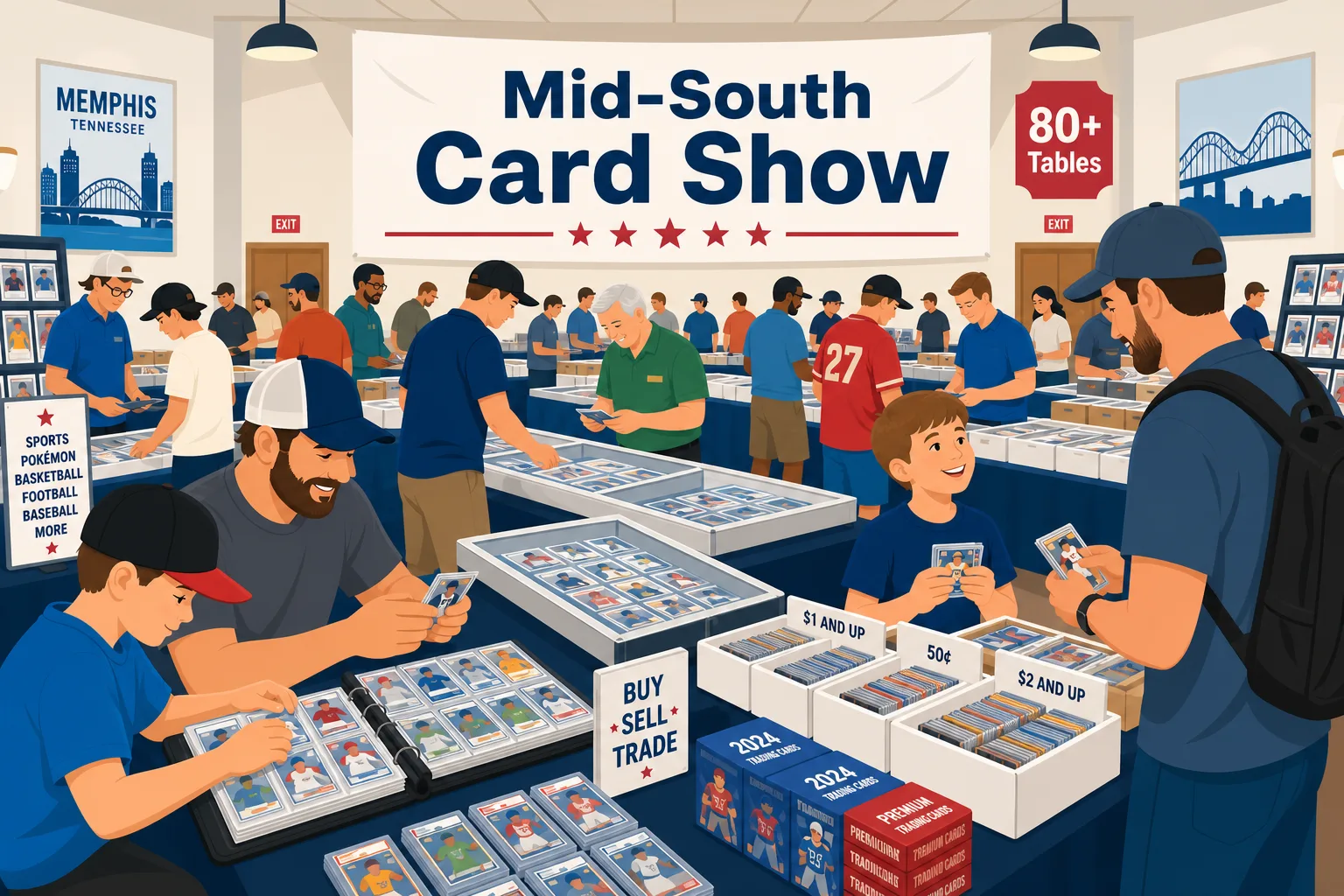 Mid-South Card Show in Memphis, Tennessee with 80+ tables, glass display cases of sports trading cards, dollar bins, and a packed buy-sell-trade floor.
