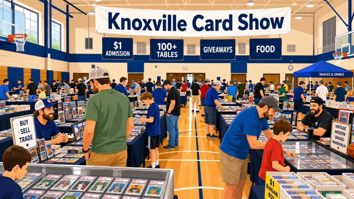 Knoxville Card Show inside a school gymnasium with 100+ vendor tables, glass cases of graded slabs, and buy, sell, trade signage.