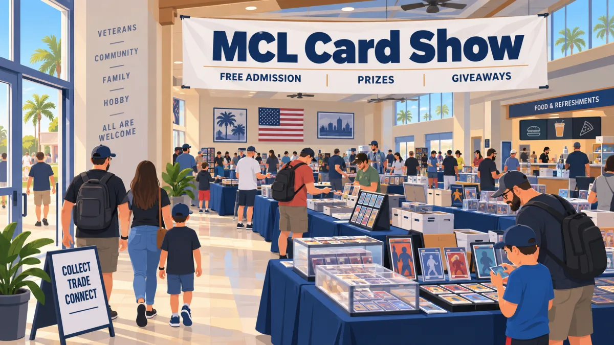 Illustration of collectors and families browsing card tables inside a South Florida community hall beneath an MCL Card Show banner.
