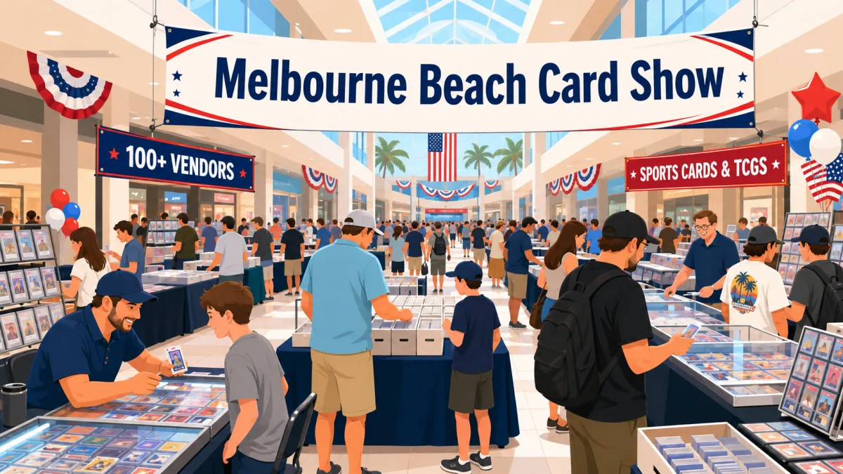 Melbourne Beach Card Show fills a crowded mall atrium with over 100 vendor tables, glass display cases of graded cards, and patriotic banners.