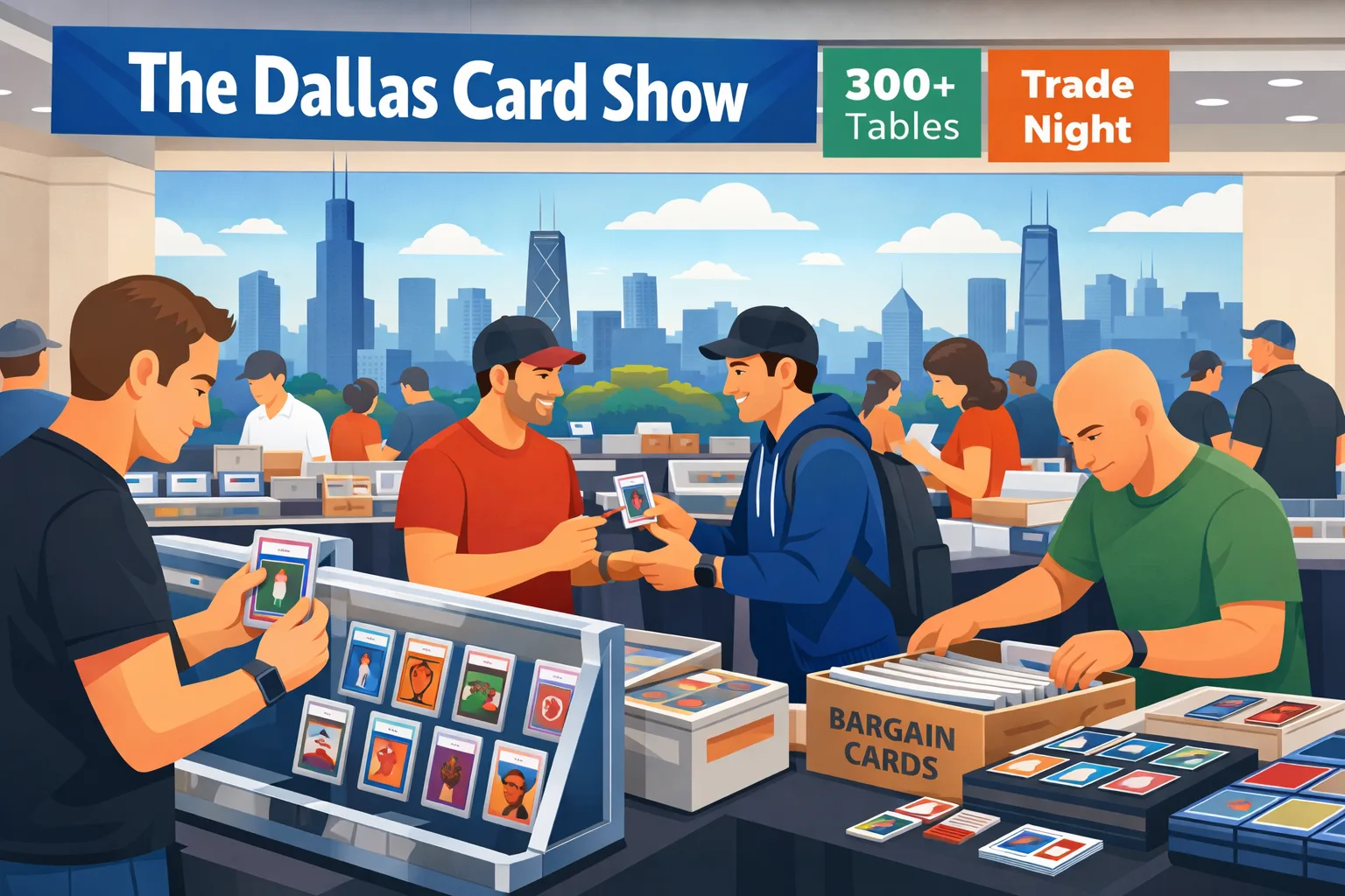 The Dallas Card Show in Schaumburg, Illinois, inside a busy convention-center hall with vendor tables, glass display cases, graded slabs, memorabilia, bargain boxes, collectors browsing and trading, and the Chicago skyline visible in the background.
